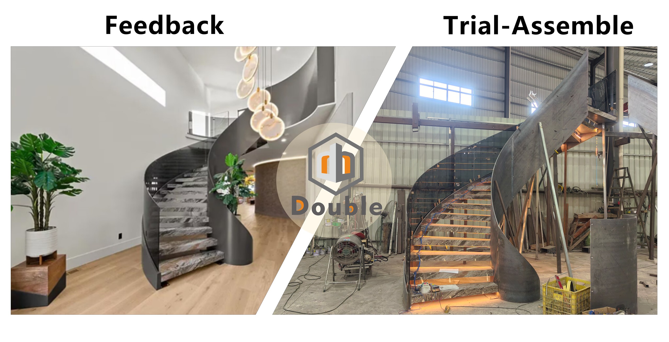 Side-by-side of a curved stone staircase finished in a Portland home and the same staircase trial-assembled in the DBM workshop